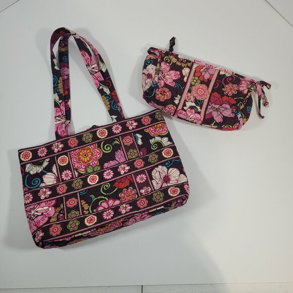 Vera Bradley Mod Floral Pink Tote and Makeup Pouch Set Pink Burgundy - Picture 2 of 9